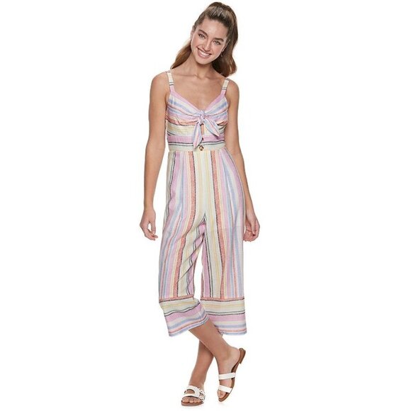 NWT Junior's Candie's (Large) Knot Front Printed Linen Jumpsuit - Picture 1 of 9